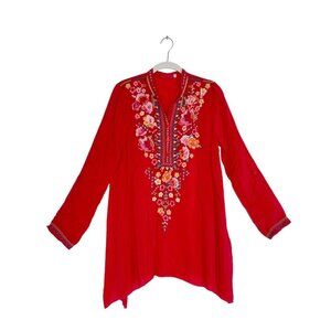 Johnny Was Sable Embroidered Long Tab Sleeve Tunic in Red - Sz S